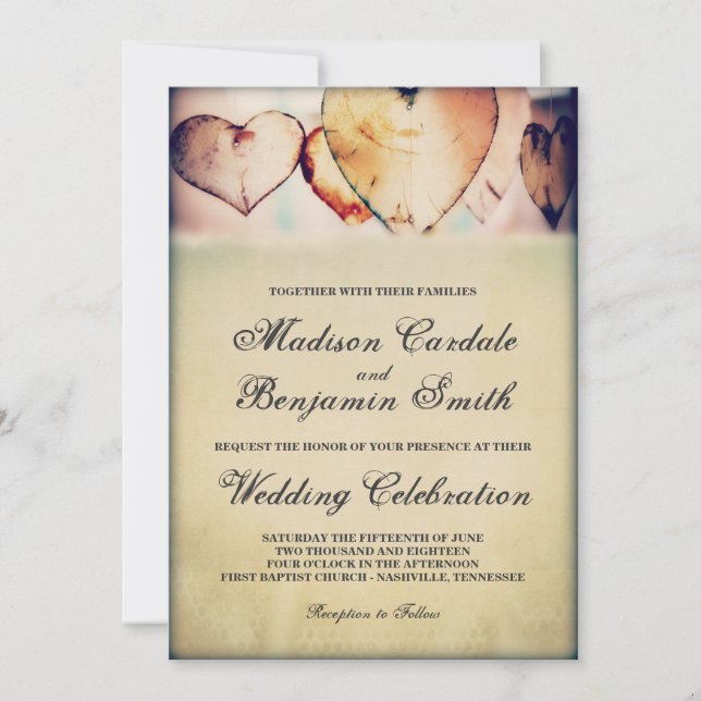 Rustic Wood Hearts Country Wedding Invitations (Front)
