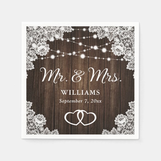 Rustic Wood Hearts Lace String Lights Wedding Napkin (Front)