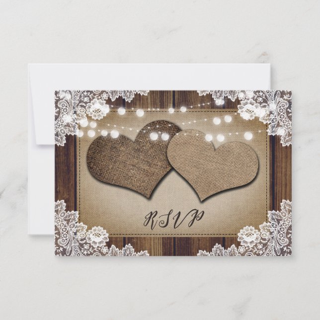 Rustic Wood Hearts Lace Wedding RSVP Meal Choice (Front)