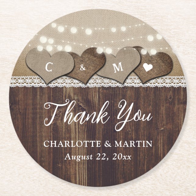 Rustic Wood Hearts Monogram Wedding Thank You Round Paper Coaster (Front)