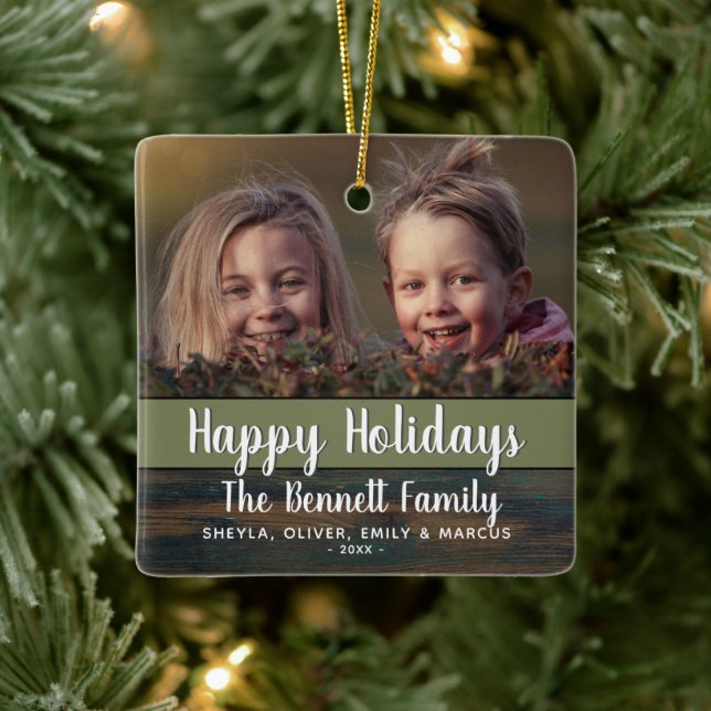 Rustic Wood Holiday Custom Family Photo Ceramic Ornament (Tree)