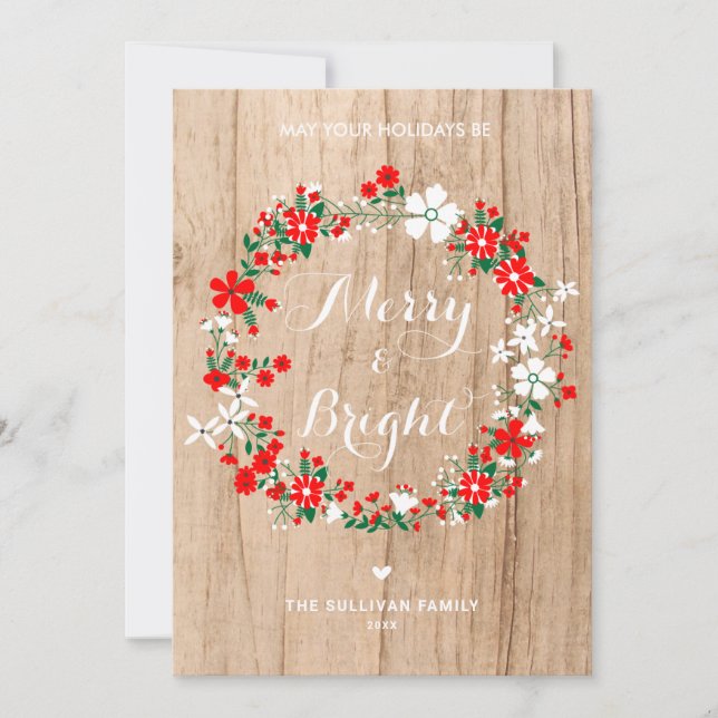 Rustic Wood Holiday Floral Wreath Christmas Card (Front)