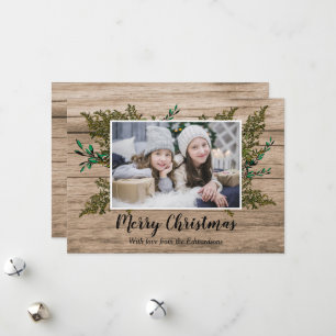 Rustic wood holly berryMerry Christmas photo card