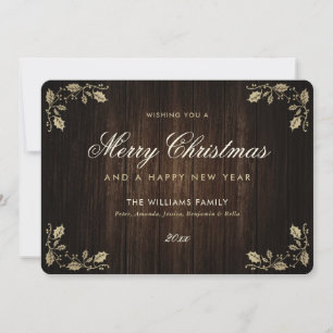 Rustic Wood Holly Merry Christmas Happy New Year Holiday Card