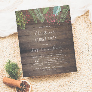 Rustic Wood Holly & Pine Holiday Party Invitation Postcard