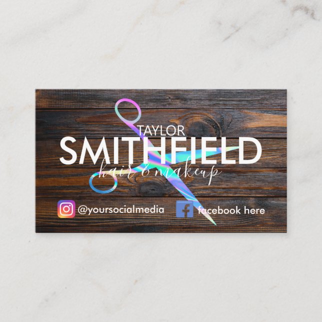 Rustic Wood Holo Scissors Hair & Makeup Trendy Business Card (Front)