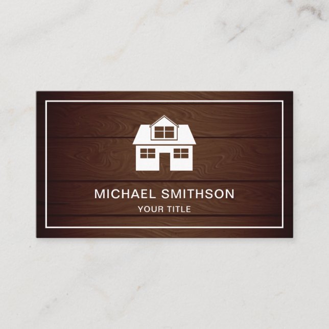 Rustic Wood Home Icon Real Estate Agent Business Card (Front)