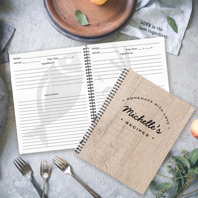 Rustic wood Homemade with Love Recipe Personalised Notebook (Personalized Homemade with love recipe notebook.)