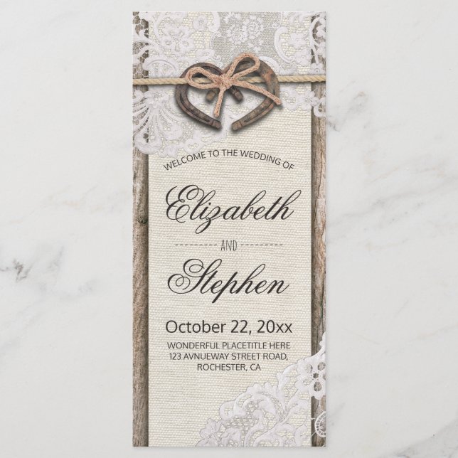 Rustic Wood Horseshoes Burlap Lace Wedding Program Programme (Front)