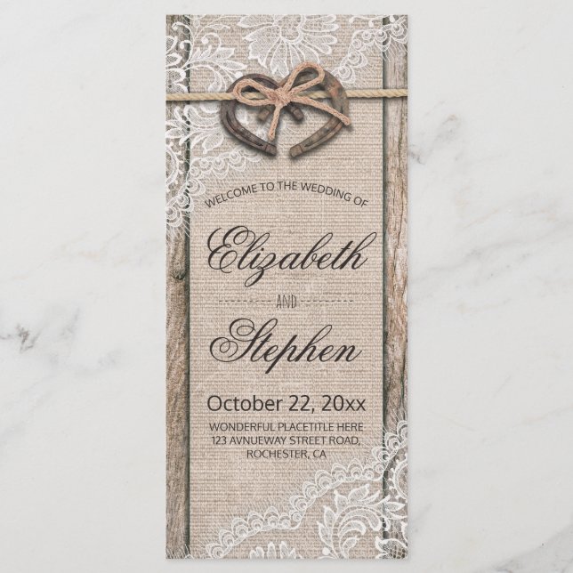 Rustic Wood Horseshoes Burlap Lace Wedding Program Programme (Front)
