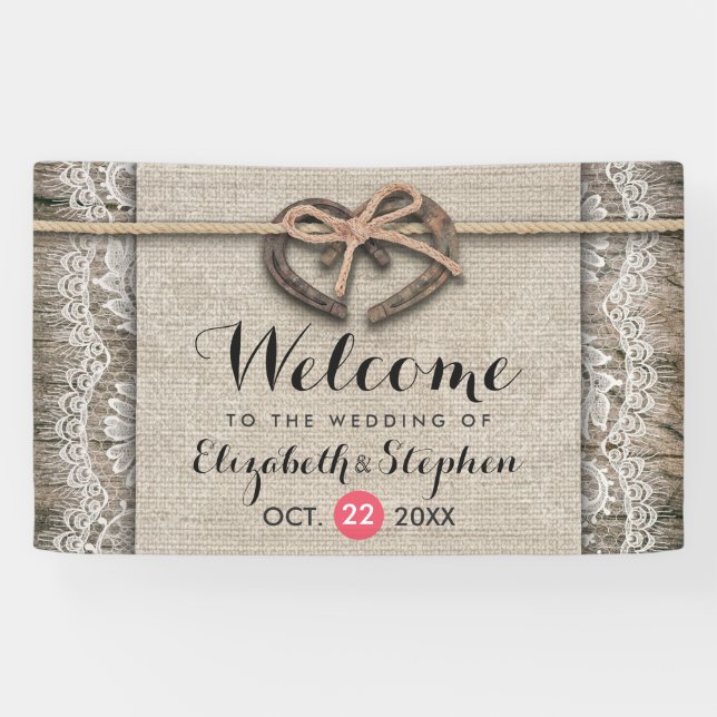 Rustic Wood Horseshoes Burlap Lace Wedding Welcome Banner (Horizontal)
