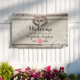 Rustic Wood Horseshoes Burlap Lace Wedding Welcome Banner
