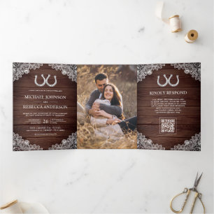 Rustic Wood Horseshoes Lace Photo QR Code Wedding Tri-Fold Invitation