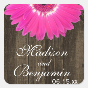Rustic Wood Hot Pink Daisy Wedding Favour Stickers