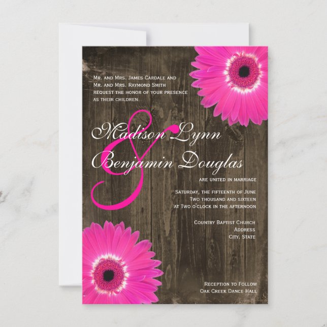 Rustic Wood Hot Pink Daisy Wedding Invitations (Front)