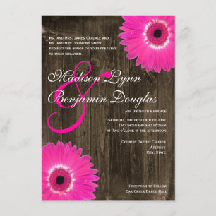 Rustic Wood Hot Pink Daisy Wedding Invitations