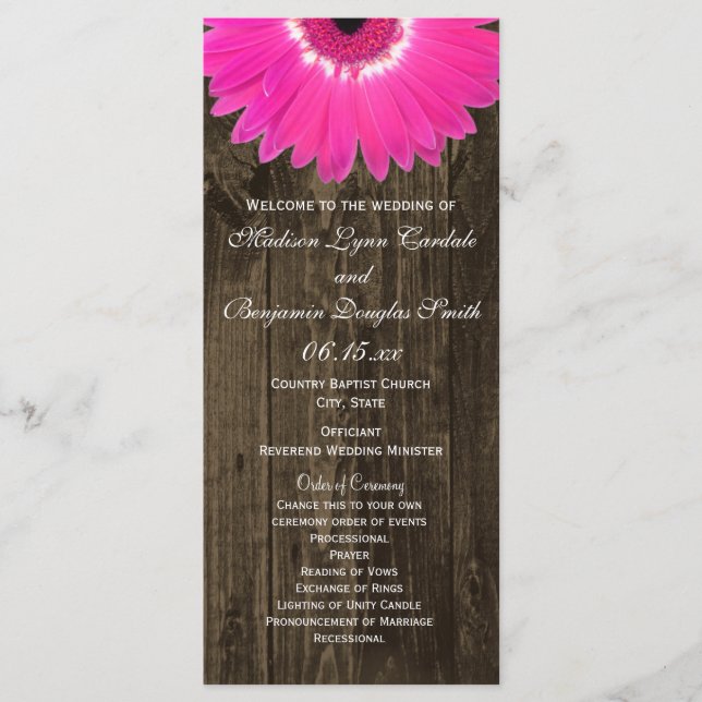 Rustic Wood Hot Pink Gerber Daisy Wedding Programs Programme (Front)