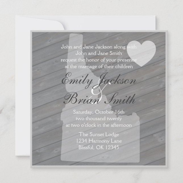 Rustic wood Idaho grey wedding invitations (Front)