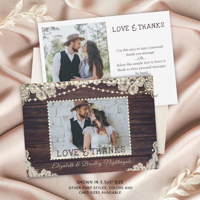 Rustic Wood Ivory Lace Lights 2 Photos Wedding Thank You Card (Creator Uploaded)