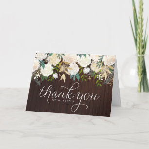 Rustic Wood Ivory Peonies and Gold Glitter Wedding Thank You Card