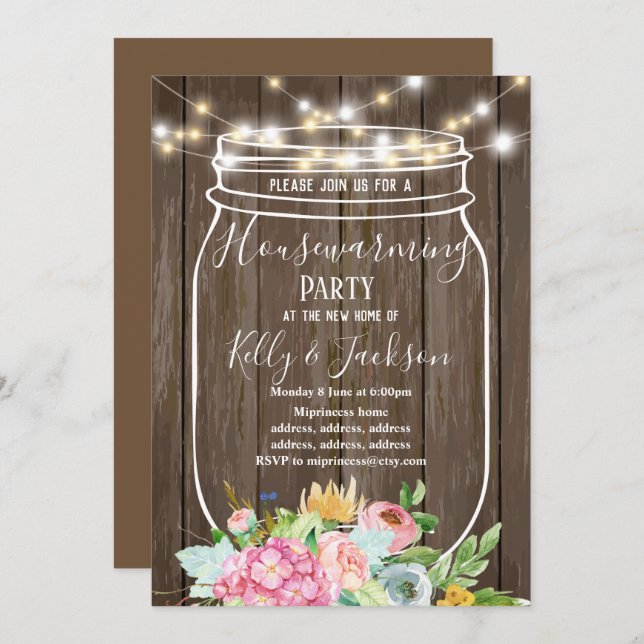 rustic wood, jar, housewarming party invitation (Front/Back)