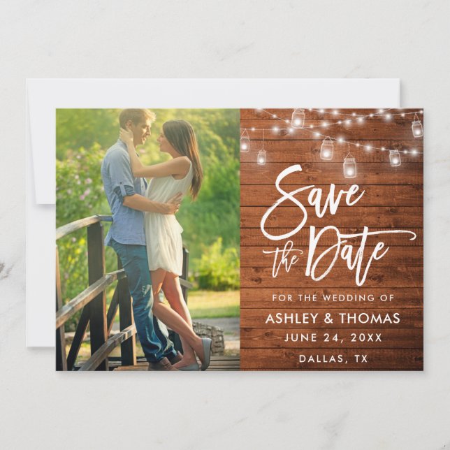 Rustic Wood Jar Lights Brush Script Photo Save The Date (Front)