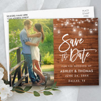 Rustic Wood Jar Lights Brush Script Save The Date
