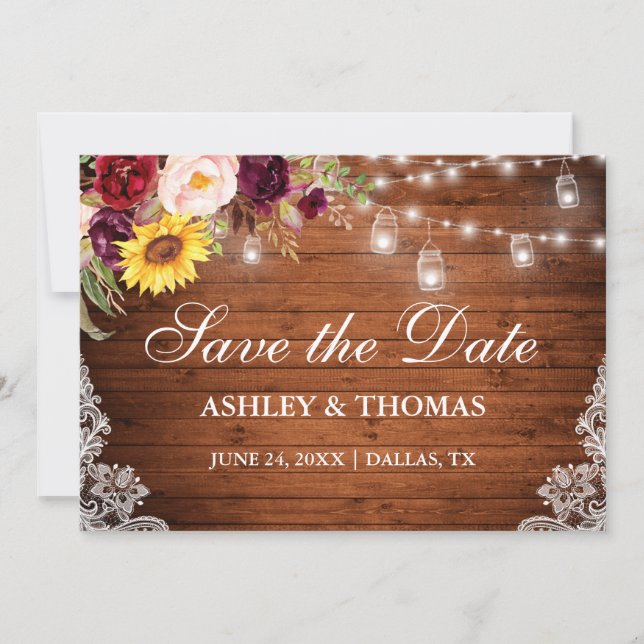 Rustic Wood Jar Lights Mixed Floral Lace Save The Date (Front)