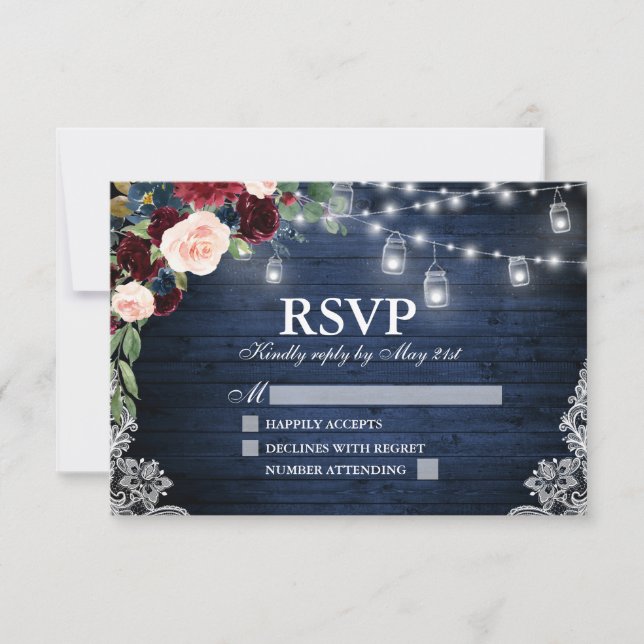 Rustic Wood Jars Blue Burgundy Floral Wedding RSVP Card (Front)