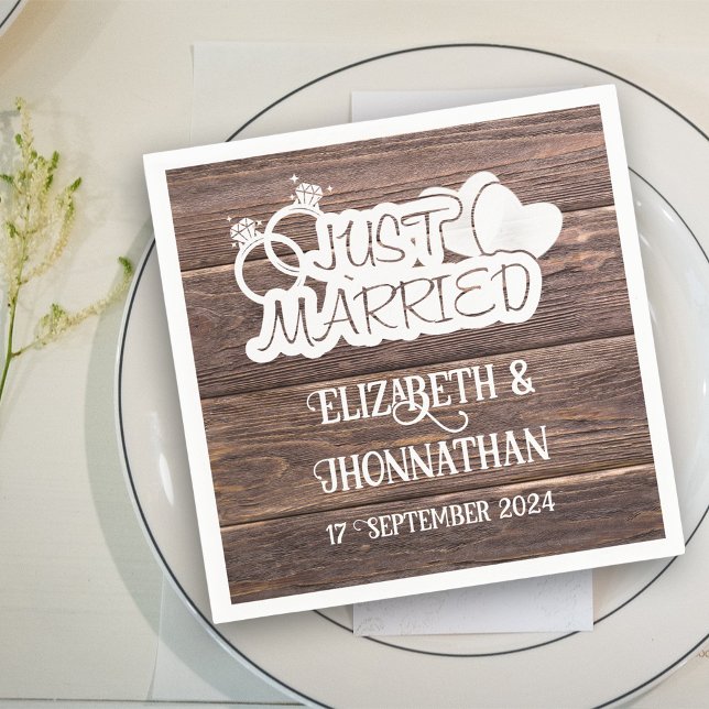 Rustic Wood Just Married Elegant Country Wedding Napkin (Creator Uploaded)
