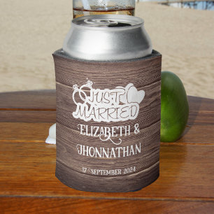 Rustic Wood Just Married Elegant Wedding Favours Can Cooler