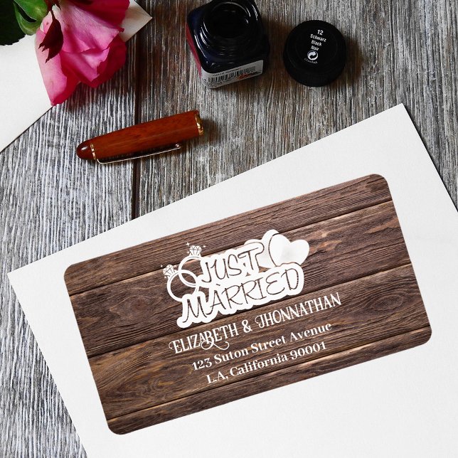 Rustic Wood Just Married White Typography Weddings Label (Creator Uploaded)