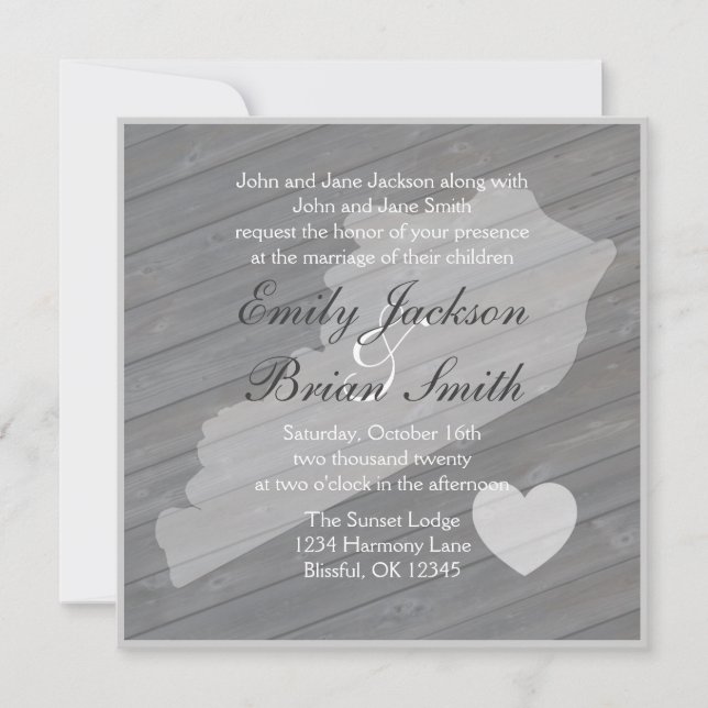 Rustic wood Kentucky grey wedding invitations (Front)