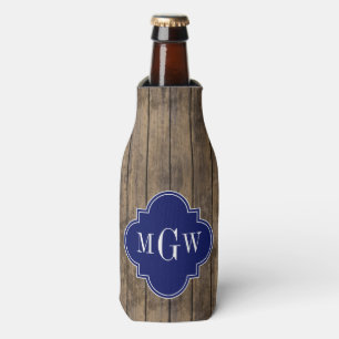 Rustic Wood L Planks #1 Navy Quatrefoil 3 M'gram Bottle Cooler
