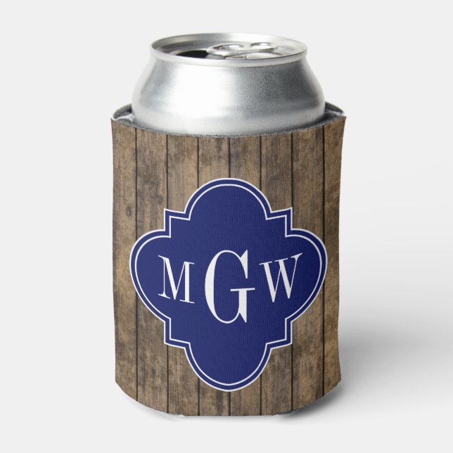 Rustic Wood L Planks #1 Navy Quatrefoil 3 M'gram Can Cooler (Can Front)