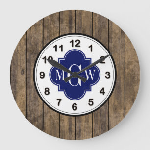 Rustic Wood L Planks #1 Navy Quatrefoil 3 M'gram Large Clock