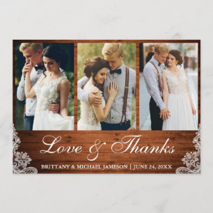 Rustic Wood Lace 3 Photo Love and Thanks Thank You Card