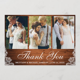 Rustic Wood Lace 3 Photo Wedding Thank You