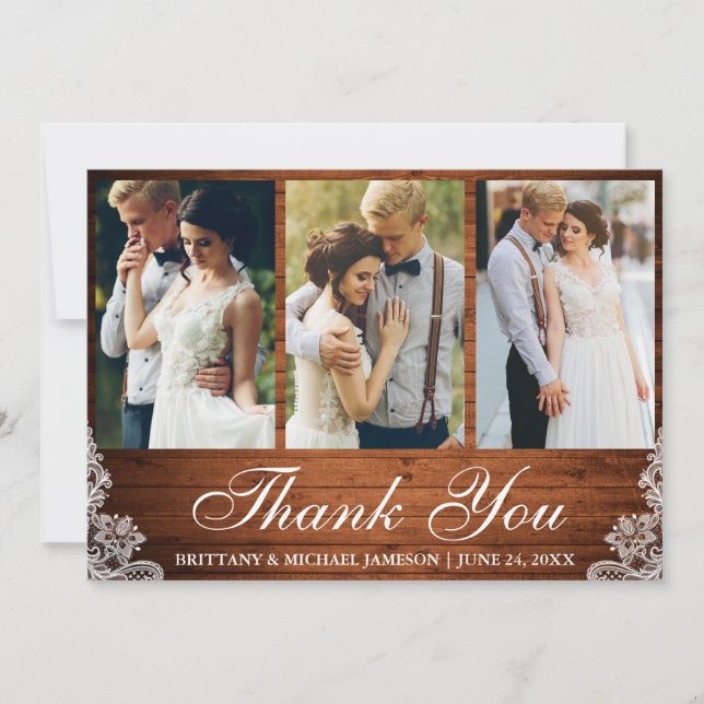 Rustic Wood Lace 3 Photo Wedding Thank You Card (Front)