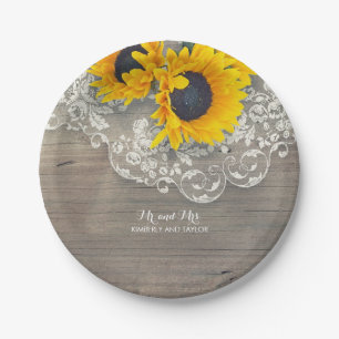 Rustic Wood Lace and Sunflowers Wedding Paper Plate
