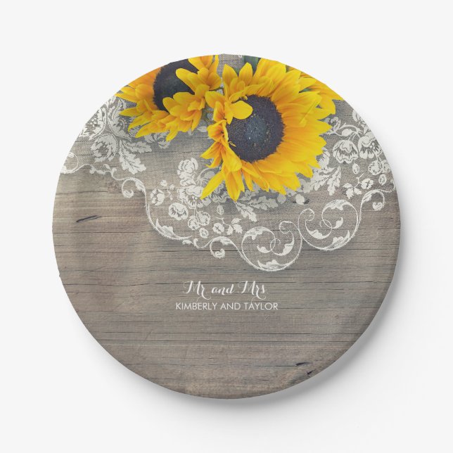 Rustic Wood Lace and Sunflowers Wedding Paper Plate (Front)