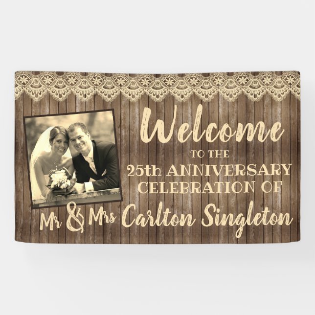 Rustic Wood & Lace ANY Wedding Anniversary Photo Banner (Horizontal)