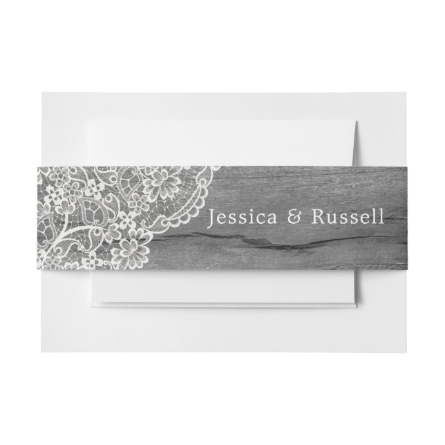 Rustic Wood Lace B&W Wedding Invitation Belly Band (Front Example)
