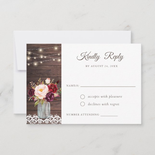 Rustic Wood Lace Blush Burgundy Mason Jar RSVP Invitation (Front)