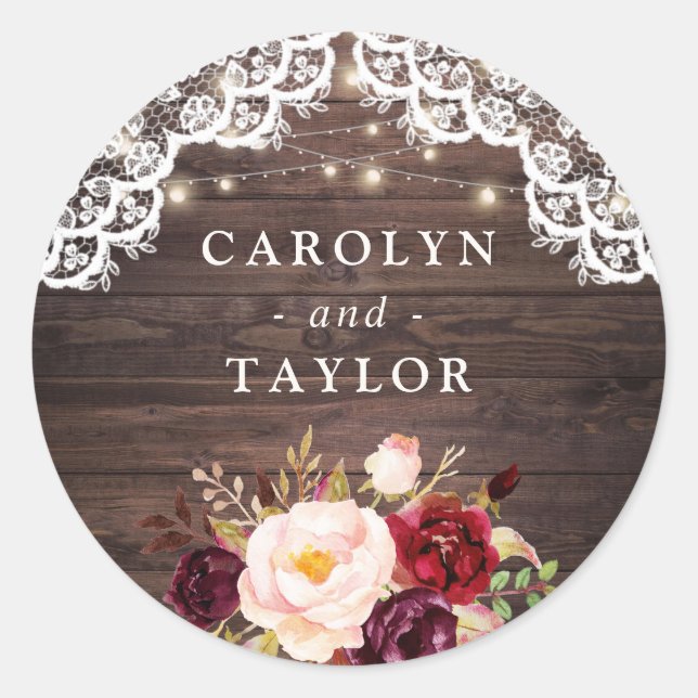 Rustic Wood Lace Blush Burgundy Seal Sticker (Front)
