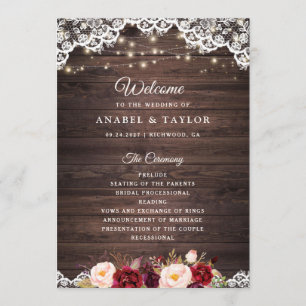 Rustic Wood Lace Blush Burgundy Wedding Program Programme