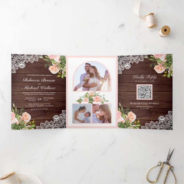 Rustic Wood Lace Blush Pink Floral QR Code Wedding Tri-Fold Invitation (Inside)
