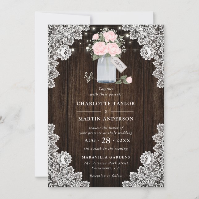Rustic Wood Lace Blush Rose Baby's Breath Wedding Invitation (Front)