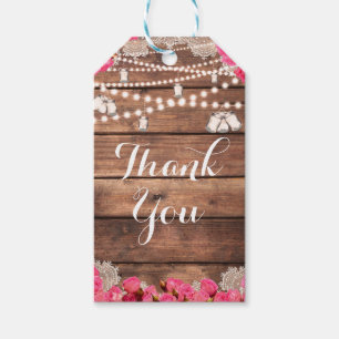 Rustic Wood Lace Bright Pink Roses Bridal Favour Gift Tags