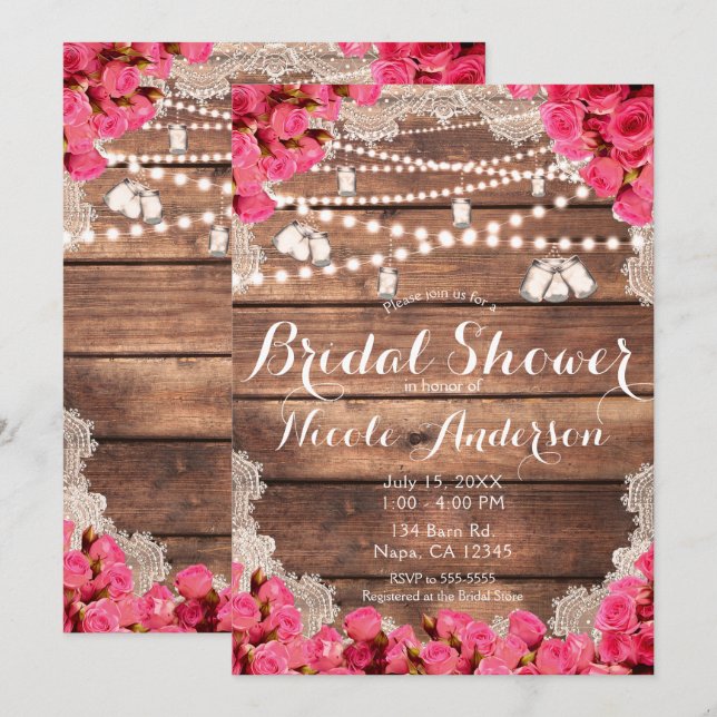 Rustic Wood Lace Bright Pink Roses Bridal Shower Invitation (Front/Back)